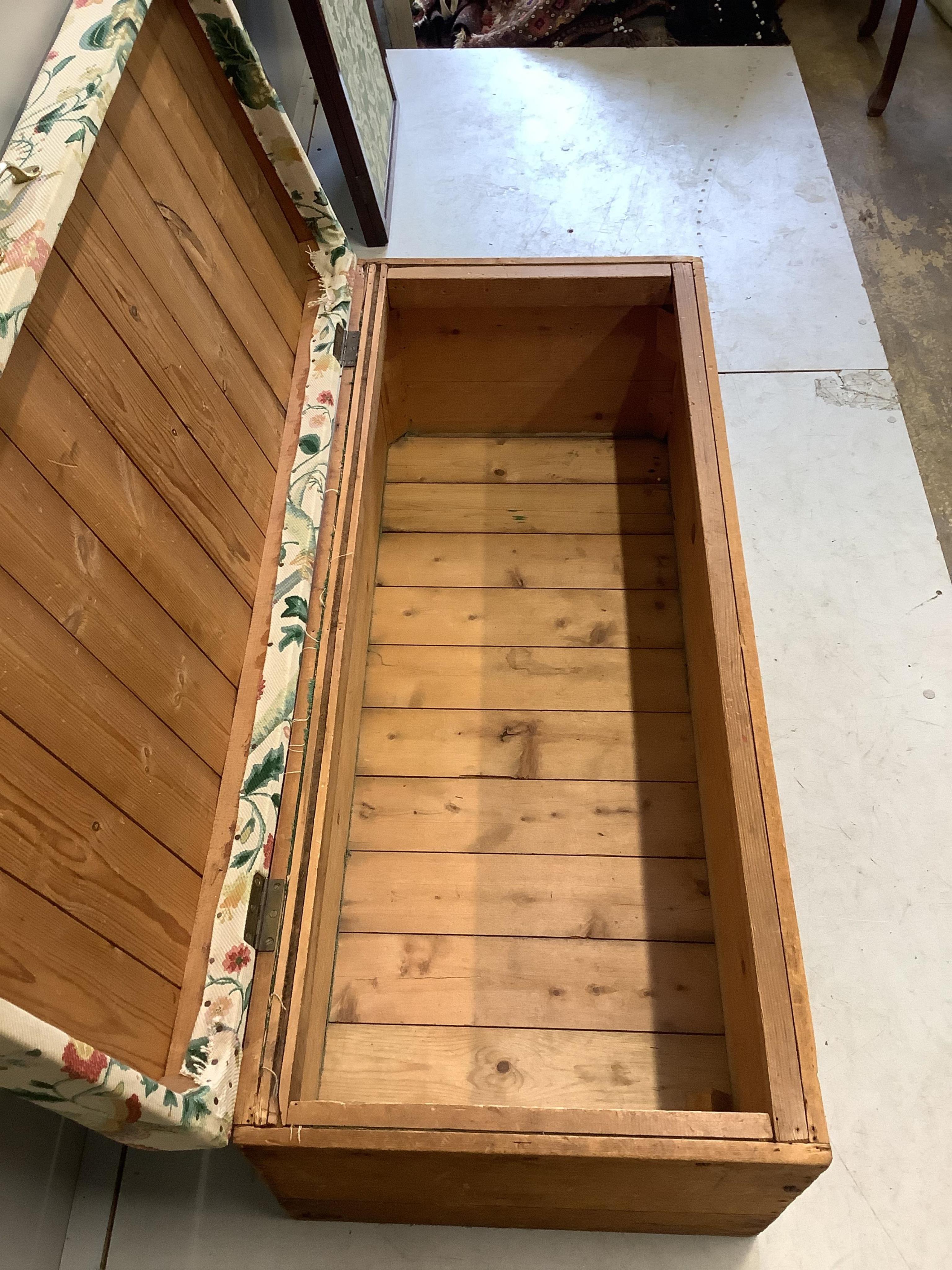 A Victorian pine ottoman with upholstered hinged box seat, width 130cm, depth 56cm, height 48cm. Condition - fair to good